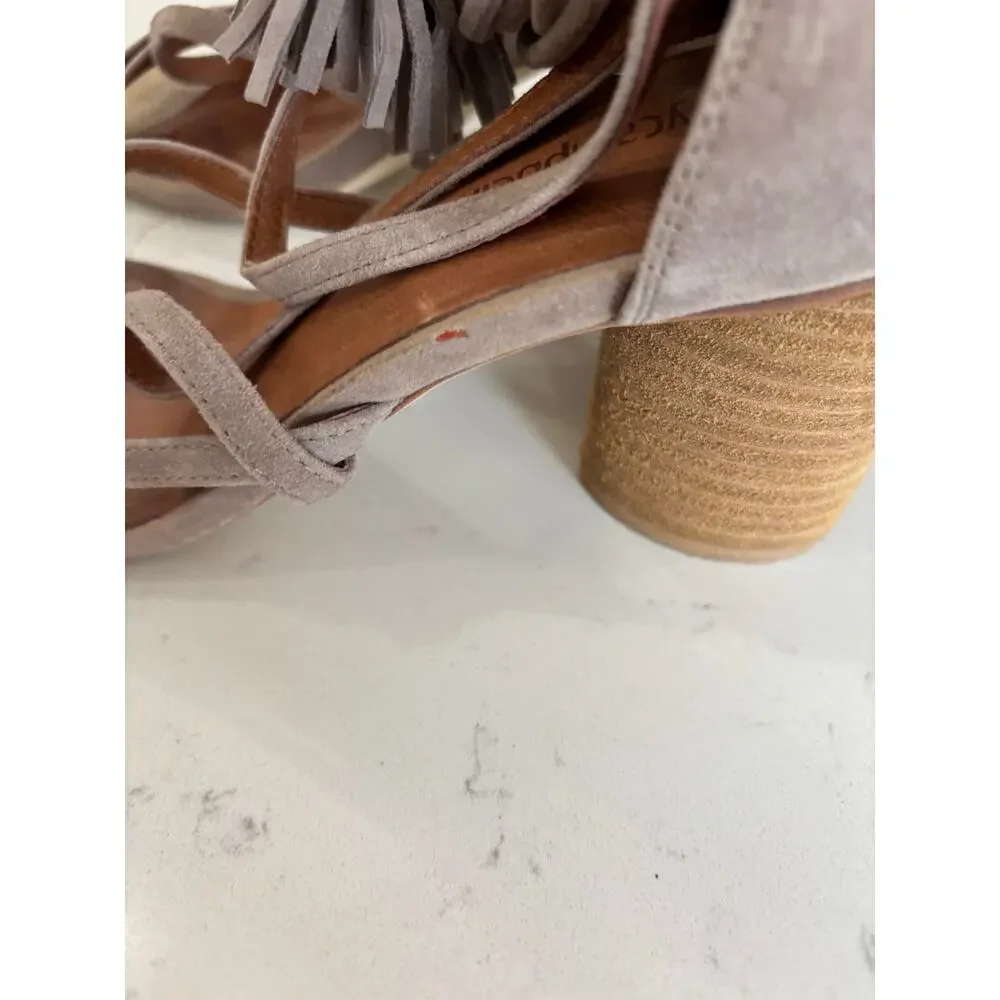 Jeffrey Campbell Despina Taupe Suede heels sz 8 strappy boho w/tassel /zipper